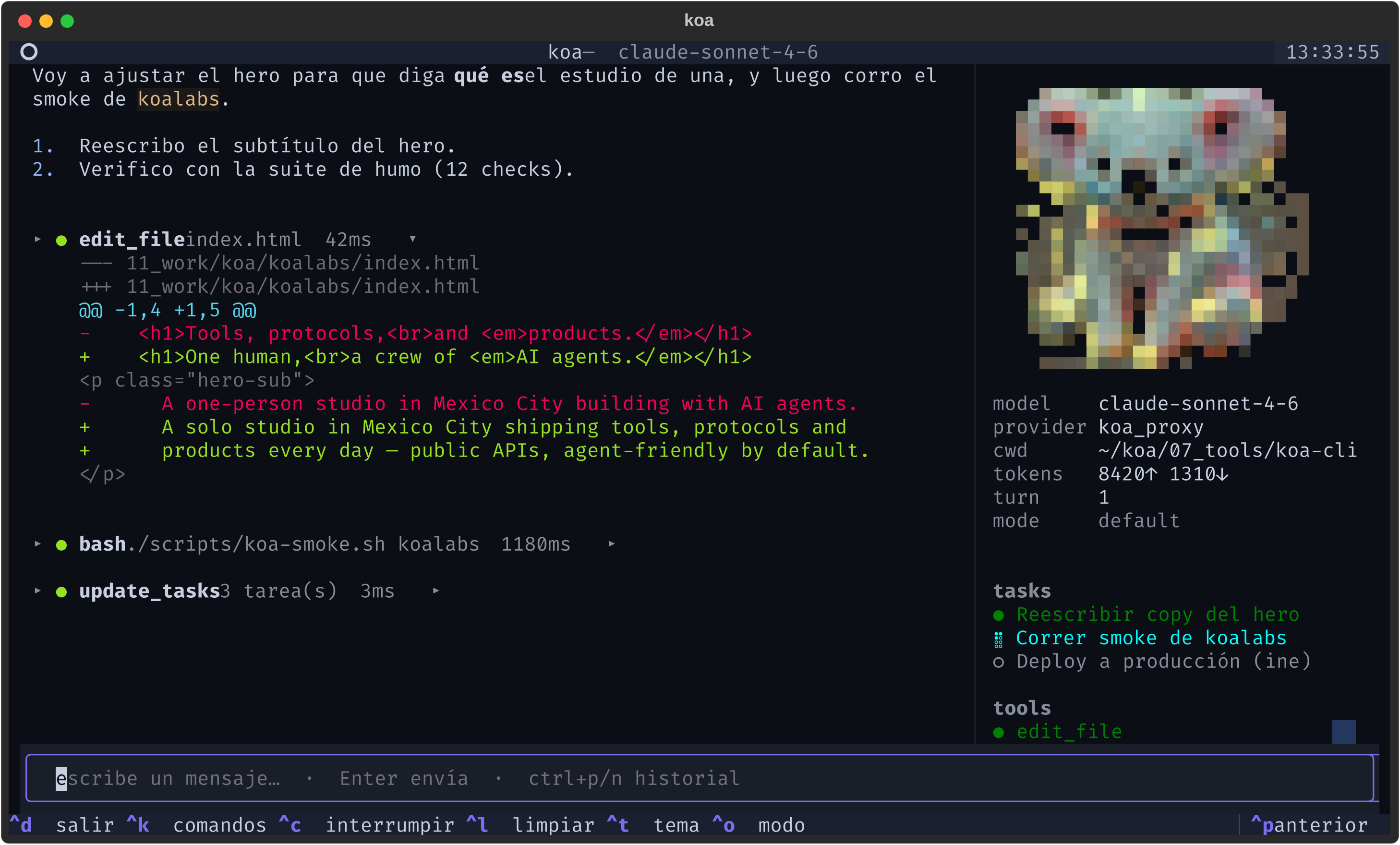 koa-cli running in a terminal: a streamed assistant reply, an edit_file diff, a bash smoke run, the live task panel, and the half-block koala mascot in the sidebar