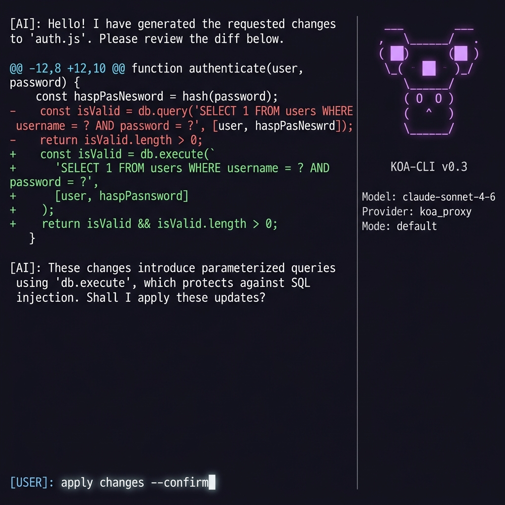 koa-cli sleek terminal TUI screenshot with ASCII purple koala mascot and code diffs
